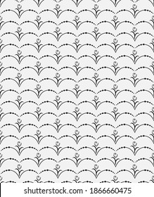 Folk geometric seamless pattern. Hand drawn black graphic design, nature  flourish leaves elements, white background. Vector 10