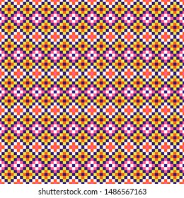 Folk geometric seamless pattern pixel art and rhomb bead shapes texture. Bright colors vector fabric background.