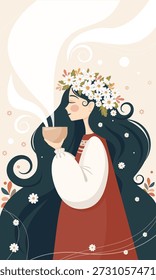 Vector de la muchacha popular. Hora del té. té de manzanilla