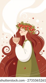 vetor feminino folclórico. tempo do chá. amoras de groselha. chá de baga