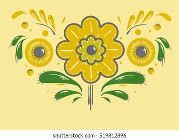 Folk Gorodets print in Russian Style. A floral pattern. Traditional vector art in yellow and green colors