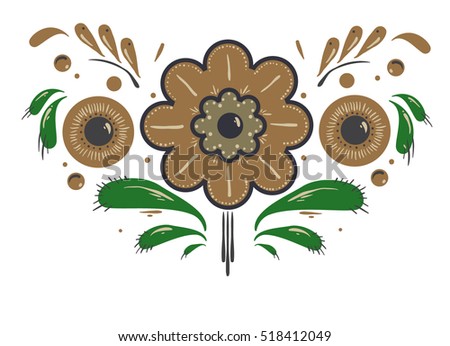 Folk Gorodets print in Russian Style. A floral pattern. Traditional vector art in grey and broun colors