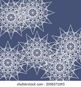 Folk Gray Chaotic Dark Light Print Mystery Winterhintergrund. Blauer Vintage Frost Ruhe Eis Zierluxus Muster. Stars Mandala Weiß Pastellsilber komplizierte Cold Indigo Design Pic.