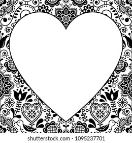 Folk heart design greeting card, Scandinavian floral vector pattern in black and white. Retro monochrome background with flowers inspired by Swedish and Norwegian traditional embroidery - love 