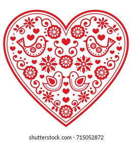 Folk heart vector pattern with flowers and birds - Valentine's Day, wedding, birthday greeting card