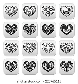 Folk hearts with flowers and birds buttons set