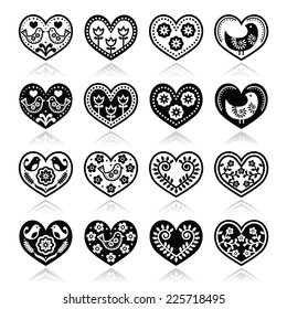 Folk hearts with flowers and birds icons set 