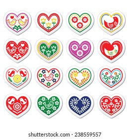 Folk hearts with flowers and birds icons set