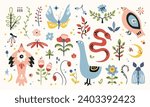Folk hygge clip arts bundle, hand drawn vector set in Scandinavian style, isolated designs on white. Classic ethnic elements. The scandi folkloric motifs - birds, flowers, moth, leaves, snake
