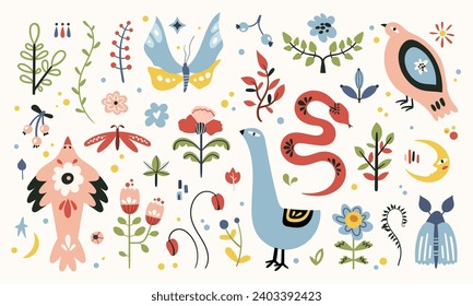 Folk hygge clip arts bundle, hand drawn vector set in Scandinavian style, isolated designs on white. Classic ethnic elements. The scandi folkloric motifs - birds, flowers, moth, leaves, snake