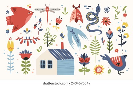 Folk hygge clip arts vector set in Scandinavian style, nordic isolated designs on white. Collection of classic ethnic elements. Scandi folk motifs - birds, flowers, moth, leaves, house, snake