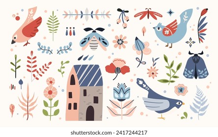 Vector de las artes de los clips de hígge folk conjunto en estilo escandinavo acogedor y bonito, diseños aislados en blanco. Colección de elementos étnicos eclécticos. Motivos folclóricos escandinavos - pájaro, flor, polilla, hojas, casa