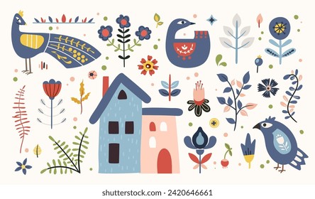 Vector de las artes de los clips de hígge folk conjunto en estilo escandinavo acogedor y bonito, diseños aislados en blanco. Colección de elementos étnicos eclécticos. Motivos folclóricos escandinavos - pájaro, flor, polilla, hojas, casa