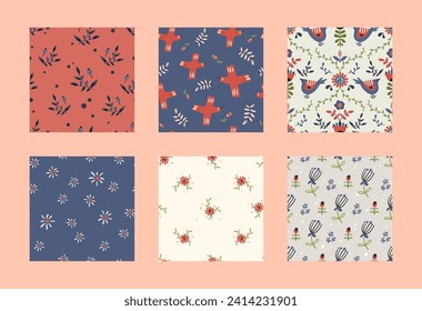 Folk hygge floral seamless pattern set- birds, branches, flowers and leaves scandinavian style, botanical repeating motives on background for wrapping, textile, digital or scrapbook paper