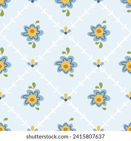 Folk hygge floral seamless pattern - flowers and leaves on light blue background, scandinavian cozy style, ethnic botanical repeating motives for wrapping, textile, digital and scrapbook paper