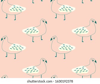 Folk hygge hand drawn stylistic bird seamless vector pattern. Unique and whimsical. Perfect for an addition to a flyer, poster, or email