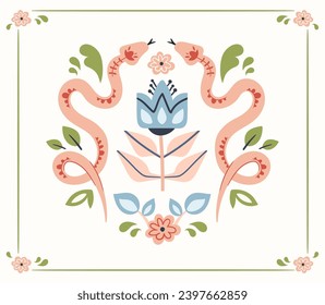 Folk hygge ready to use vector print in Scandinavian nordic style, isolated design in cute frame. Composition with classic ethnic elements. The scandi motif - mirror reflected snakes and flowers