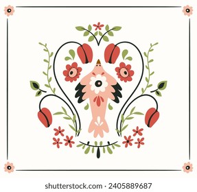 Folk hygge ready to use vector print in Scandinavian or Nordic style, isolated design on white. Composition with classic ethnic elements - mirror reflected birds, leaves, flowers