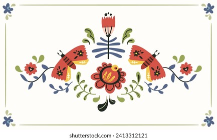 Folk hygge ready to use vector print in Scandinavian style, hygge isolated design on white. Composition with classic ethnic elements. Scandi folk motif - mirror reflected moth and flowers