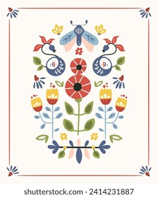 Folk hygge ready to use vector print in Scandinavian style, folkloric isolated design on white. Composition with classic ethnic elements. Scandi folk motifs - mirror reflected moth, leaves, flowers