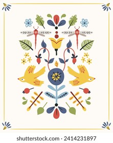 Folk hygge ready to use vector print in Scandinavian style, folkloric isolated design on white. Composition with classic ethnic elements. Scandi folk motifs - mirror reflected birds, leaves, flowers