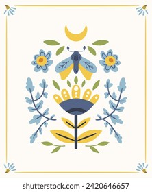 Folk hygge ready to use vector print in Scandinavian style, cozy and cute isolated design on white. Folkloric flower and moth. Scandi ethnic motifs