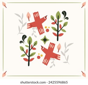 Folk hygge ready to use vector print in Scandinavian style, cozy and cute isolated design on white. Botanical ethnic elements. Scandi flora and fauna motifs - mirror reflected birds and branches