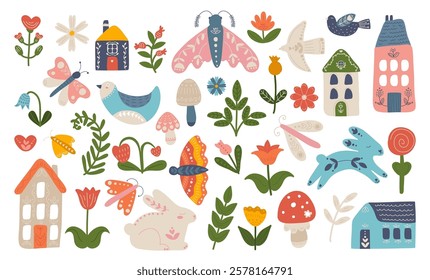 Folk Hygge Scandinavian ethnic style set with suburb houses, nature plants, flowers, animals, insects and birds design elements vector illustration. Scandi native folkloric motifs printable decoration