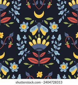 Folk hygge seamless pattern - moth, leaves, flowers, branches in scandinavian nordic style, ethnic floral repeating motives on dark background for wrapping, textile, digital, scrapbook paper