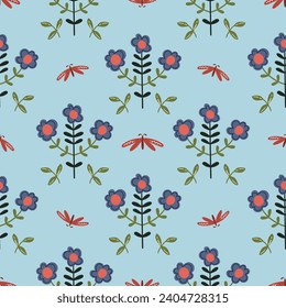 Folk hygge seamless pattern - moth, leaves, flowers, branches in scandinavian nordic style, ethnic floral repeating motives on background for wrapping, textile, digital, scrapbook paper