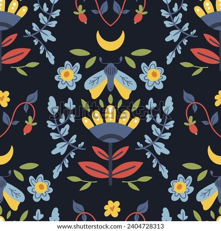 Folk hygge seamless pattern - moth, leaves, flowers, branches in scandinavian nordic style, ethnic floral repeating motives on dark background for wrapping, textile, digital, scrapbook paper