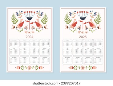 Calendario de estilo de hígge folclórico 2024-2025, modelo de calendario impreso de año completo A4 con motivos folclóricos nórdicos con flores y aves, ilustración de vector dibujada a mano