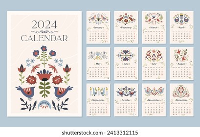 Folk hygge style calendar 2024, ganzjährig Kalendervorlage A4 Format mit folklorischem nordischem Motiv mit Blumen und Vögeln, handgezeichnet Vektorgrafik