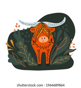 Folk illustration of a bull with foliage and stems. Horned buffalo front view with tribal pattern. Vector flat drawing of livestock. Stylized cute ox