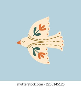 Folk illustration of flat bird on blue background. Northern mythology and fairy tales. Scandinavian motive.
