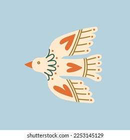 Folk illustration of flat bird on blue background. Northern mythology and fairy tales. Scandinavian motive.