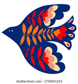 Folk illustration of a flat blue bird on a white background. Scandinavian motive.