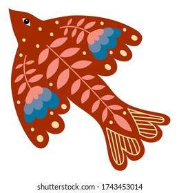 Folk illustration of a flat brown bird on a white background. Scandinavian motive.