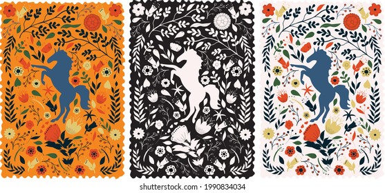 Folk illustration with a horse, flowers, branches, leaves.