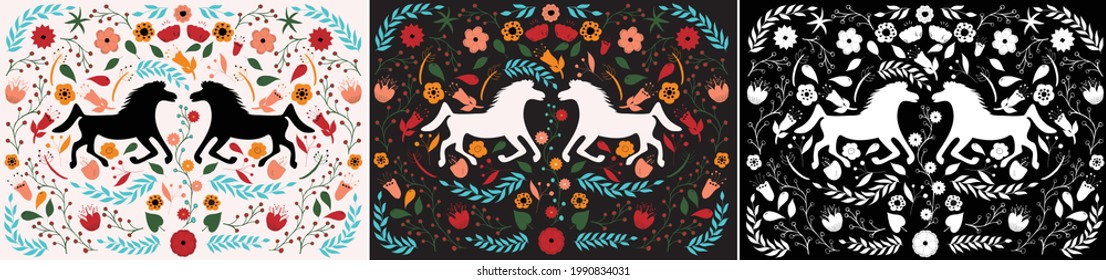 Folk illustration with a horses, flowers, branches, leaves.