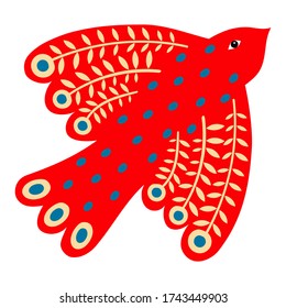 Folk illustration of a red bird on a white background. Scandinavian motive.