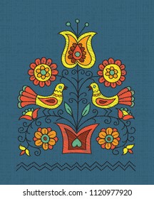 Folk illustration/pattern design of flowers in the pot and two birds sitting on the branches on the fabric background.