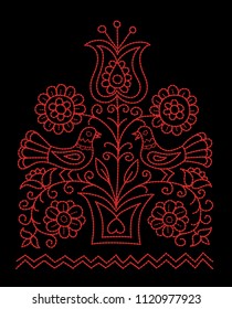 Folk illustration/pattern design of flowers in the pot and two birds sitting on the branches.