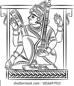 Folk singer with instrument drew in Pinguli style folk art of Maharashtra. India. for textile printing, logo, wallpaper