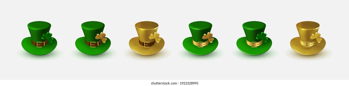 Folk Irish headdress. Set of carnival green and gold St. Patrick's hats with belt and buckle and three leaf clover. Various design options. 3d vector illustration