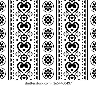 Folk love, Valentine's Day vector monochrome seamless vertical pattern - Scandinavian traditional embroidery style with flowers and hearts. Cute floral seamless decoration in black on white background