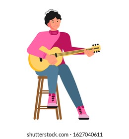 Folk male singer isolated on white. Man artist singing into a microphone. Flat Art Vector illustration