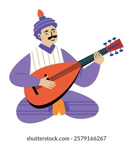 Folk man playing a string instrument, flat illustration