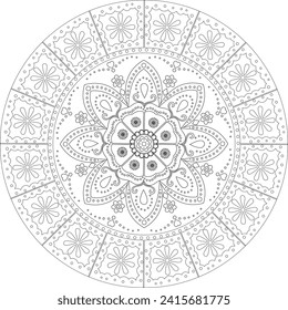 Folk mexican mandala. Ornamental round doodle illustration,,Linear Folk art,embroidery template,coloring page. Black outline floral mandala