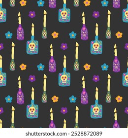 Folk Modelo inconsútil del estilo mexicano para el día de fiesta de Dia de los Muertos. Botellas decoradas con calaveras, velas encendidas y flores sobre fondo negro. Ilustración vectorial textil, Fondo de pantalla